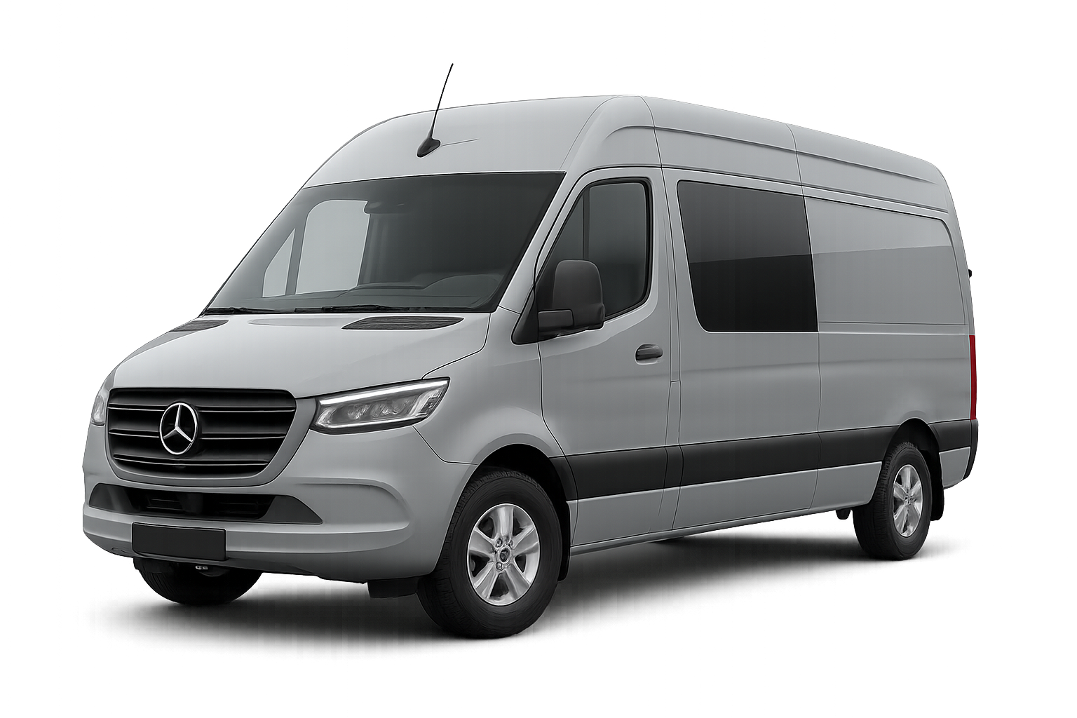 MERCEDES SPRINTER 2025 GRIGIO CHIARO senza targa rivolta verso sinistra frontalmente vetri oscurati sfondo trasparente
